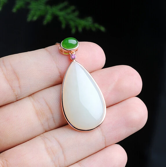 DYY 1026+++Natural Hetian Jade Pendant 925 silver inlaid jade pendant drop type egg Choker | Украшения и аксессуары