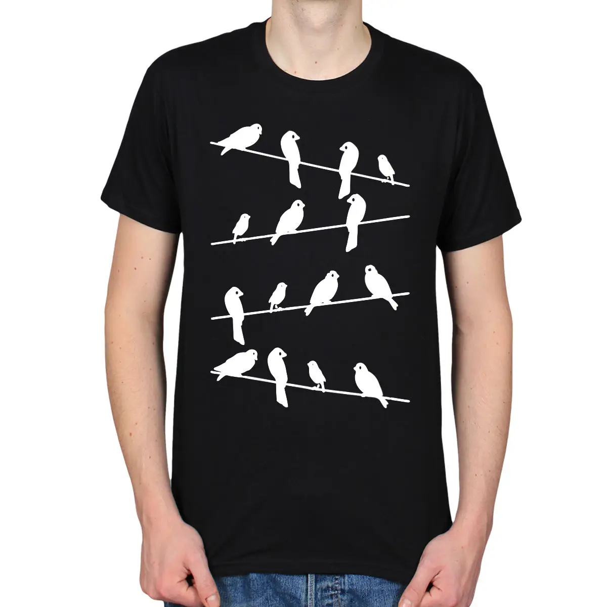 2019 Summer Cool Tee Shirt BIRDS ON A WIRE SILHOUETTE BLACKBIRD CROWS