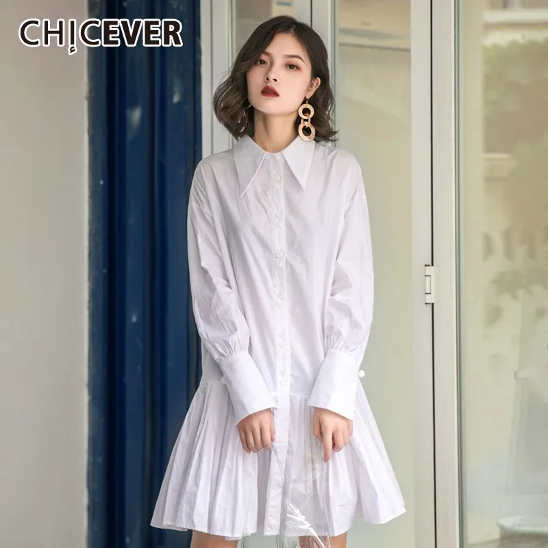 

CHICEVER Summer Vintage White Dress For Women Lapel Long Sleeve Button Loose Pleated Hem Mini Female The Dresses 2019 Fashion