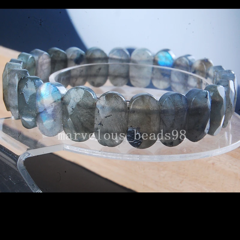 

Free shipping Fashion Jewelry 9x14mm Faceted Natural Labradorite Oval Women MenStretch Bracelet 7.5" G7513