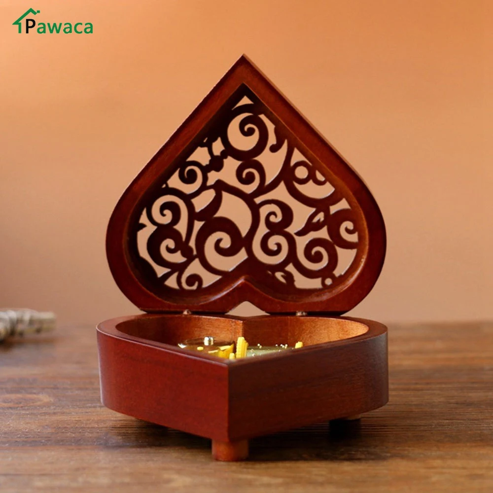 Creative Heart Shaped Vintage Wood Carved Mechanism Musical Box Wind Up