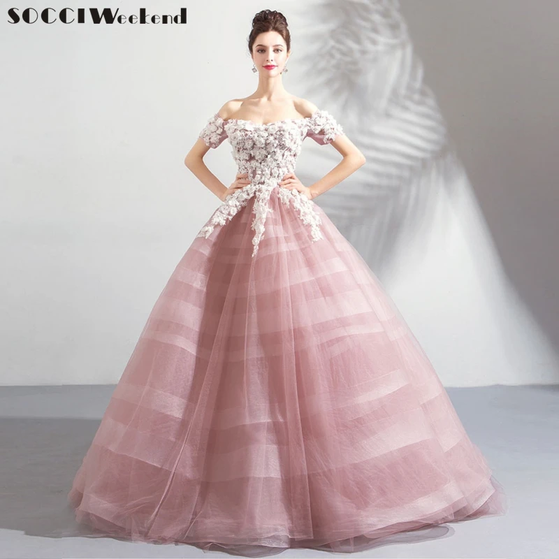 SOCCI New Lace Flower Long Prom Dresses 2019 Sweet Pink Appliques Floor ...