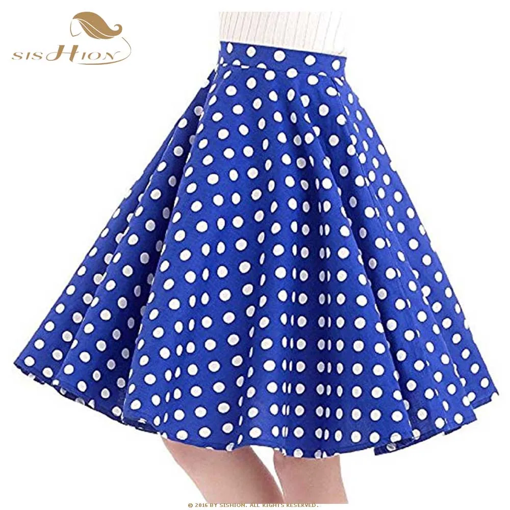 SISHION Polka Dot Skirts Womens Blue with White Dot Vintage Midi Skirt ...