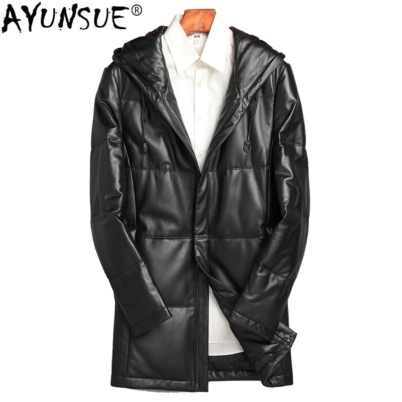 AYUNSUE Winter Sheepskin Leather Jacket Men Korean Slim Long Coat Genuine Down Hooded Clothing P-1-752 KJ1251 | Мужская одежда