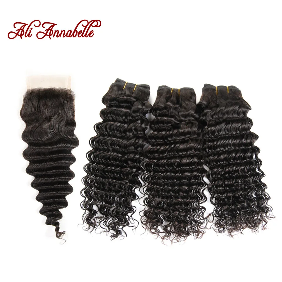 

8A Peruvian Deep Wave Virgin Hair With Closure Annabelle Human Hair Bundles With Closure Peruvian 3 Bundles With Lace Closure
