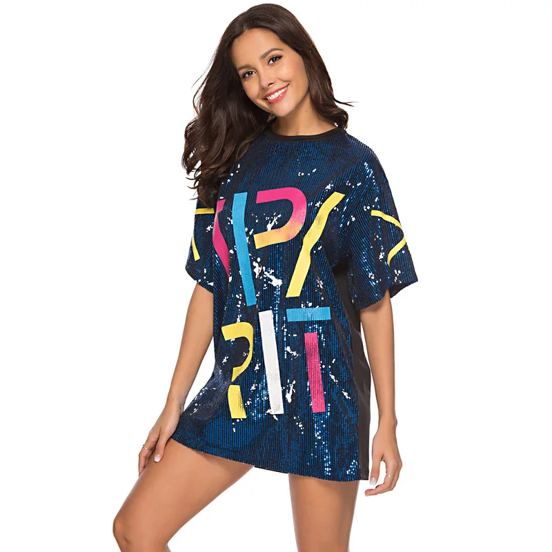 

2019 Women Sequined Dress Chic Summer Graphic SPIRIT Printed Super Shiny Half Sleeve O-neck Straight T shirt Dress Ins Hot