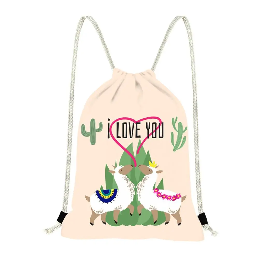 INSTANTARTS Hot Sale Cartoon Alpaca Printing String Backpack Sack Women Mochila Feminina Daily Casual Drawstring Bag