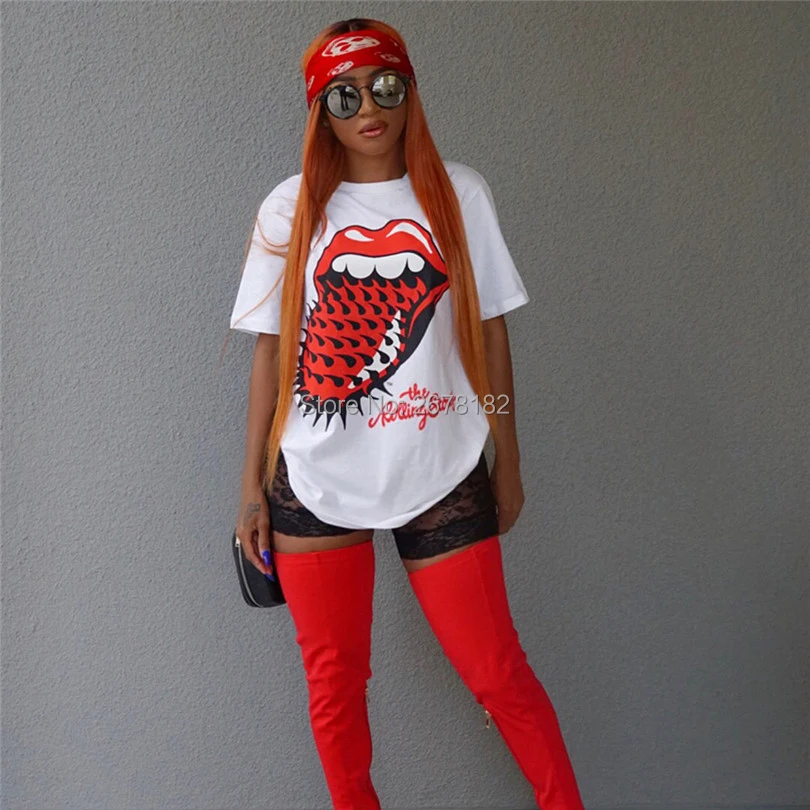 

White Loose T-shirt Short-sleeved Round neck Collar Red Tongue Women Pu Top Tees Female Clothing Women's T Shirt