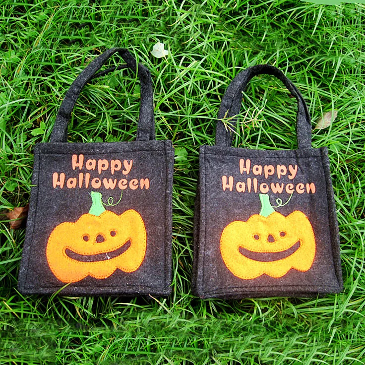 

Free shipping,Halloween props embroidered pumpkin black halloween handbags candy tote bag 17cm*14.5cm*4cm