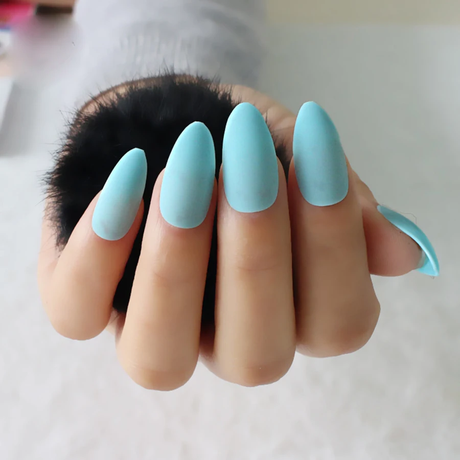 24pcs/set Sky Blue Almond Shape False Nails Matte Soft Fake Nail Art