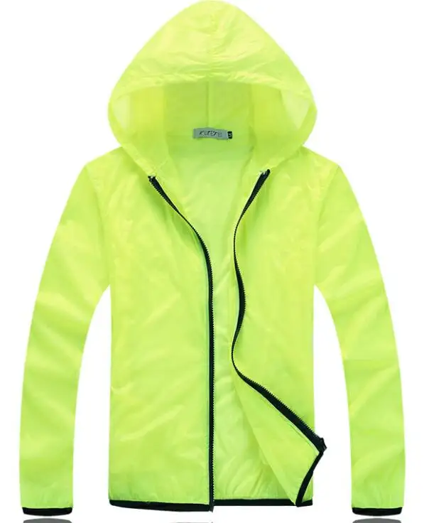 Fluorescent green Мужская и женская Ультралегкая куртка с защитой от ультрафиолета, куртка для спорта на открытом воздухе, быстросохнущая Солнцезащитная куртка для пешего туризма, ветровка с капюшоном для велоспорта, Джерси - Цвет: Fluorescent green