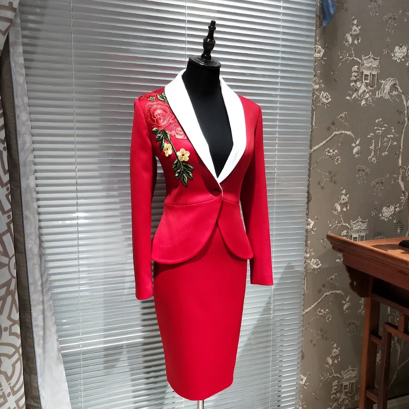 Китайский профессиональный костюм с юбкой, Униформа с вышивкой, комплект из двух предметов, блейзер и костюмы высокого класса, роскошная Офисная Женская одежда