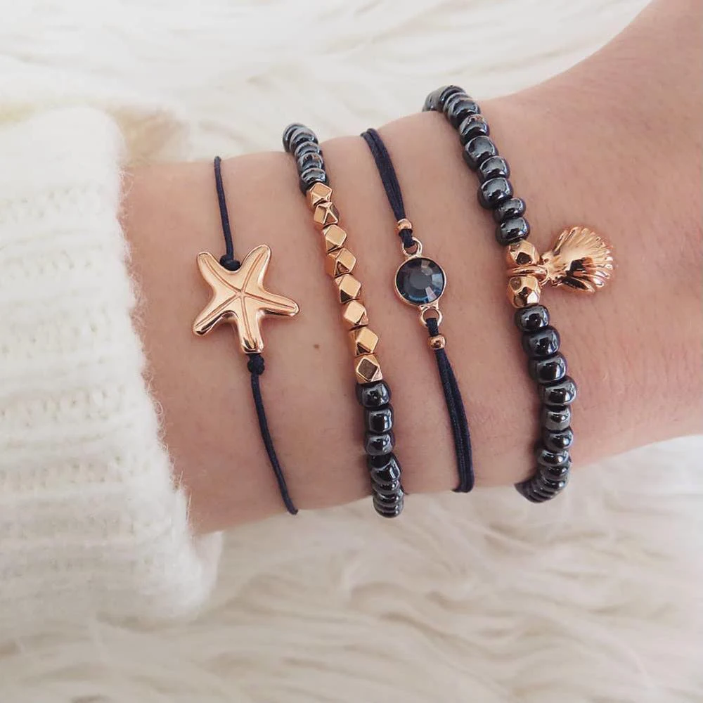 4 Pcs/Set Ins Popular Black Beads Chain Bracelet Sea Shell Charm Set Braclets For Women Beach | Украшения и аксессуары