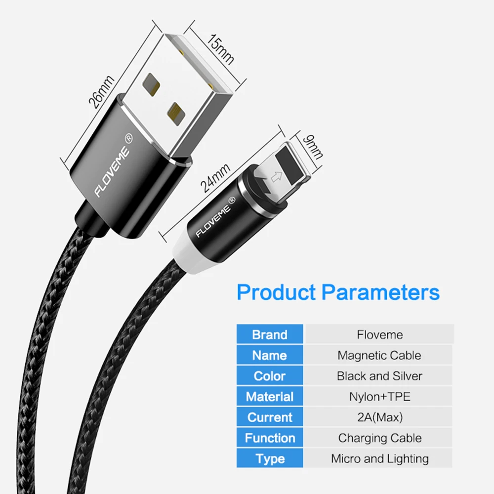 Магнитный светящийся кабель FLOVEME для Apple iPhone X 8 Micro USB Xiaomi C Type Samsung Galaxy S9 зарядное