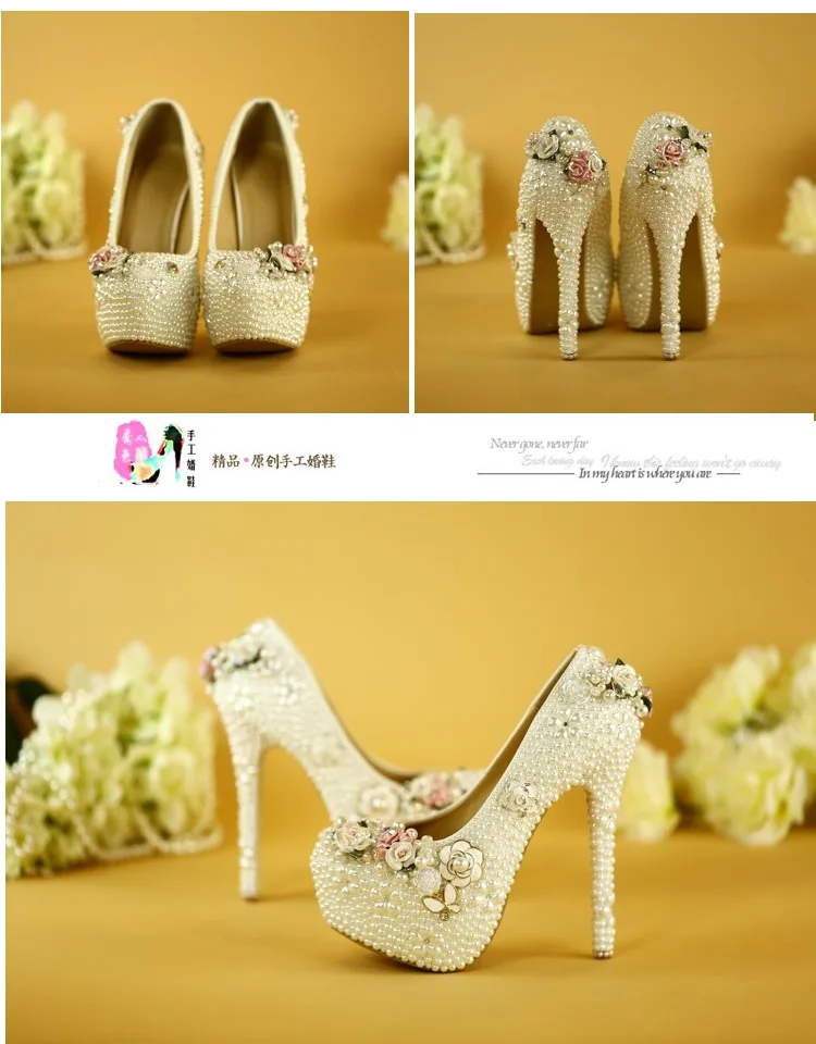 Женская обувь; элегантные свадебные туфли; женские туфли ручной работы на высоком каблуке с жемчужинами и цветами; белые туфли принцессы для невесты, украшенные кристаллами