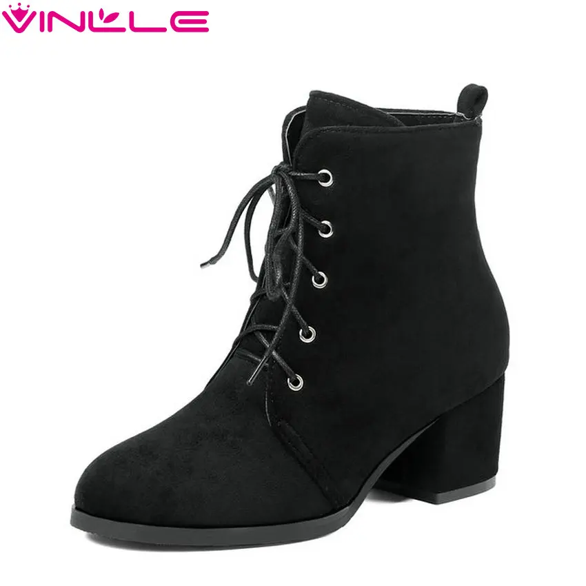 

VINLLE 2019 Women Ankle Boots Shoes Zipper All Match Women Boots Square Heel Black Winter Boots Women Shoes Size 34-43