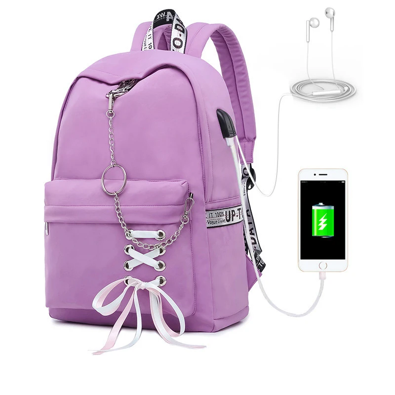 Высококачественный Женский школьный рюкзак с usb зарядкой для девочек-подростков, водонепроницаемый рюкзак с милыми лентами для путешествий, сумка для ноутбука, рюкзак