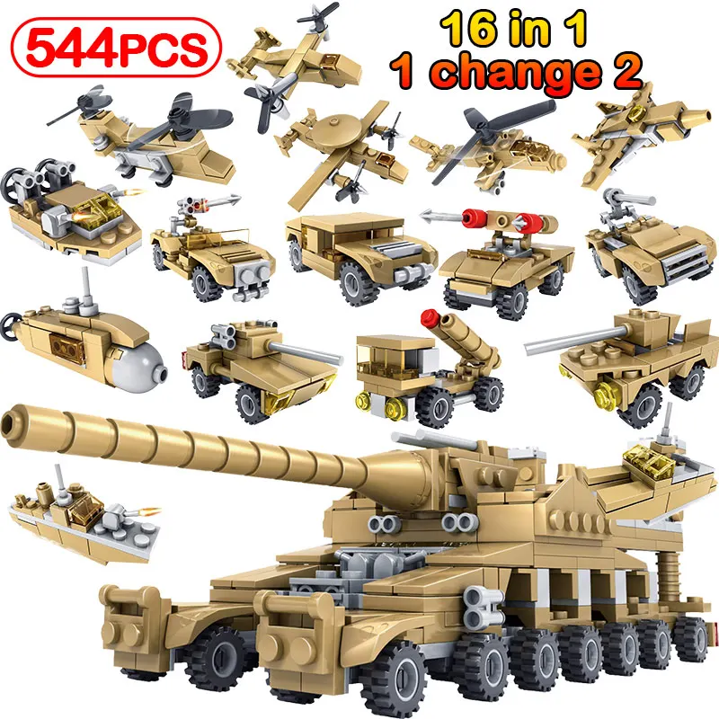 

1Change2/16in1 Army Tank Building Blocks Military Vehicles 544pcs DIY Compatible Legoinglys Weapon Model Toys For Children Gifts