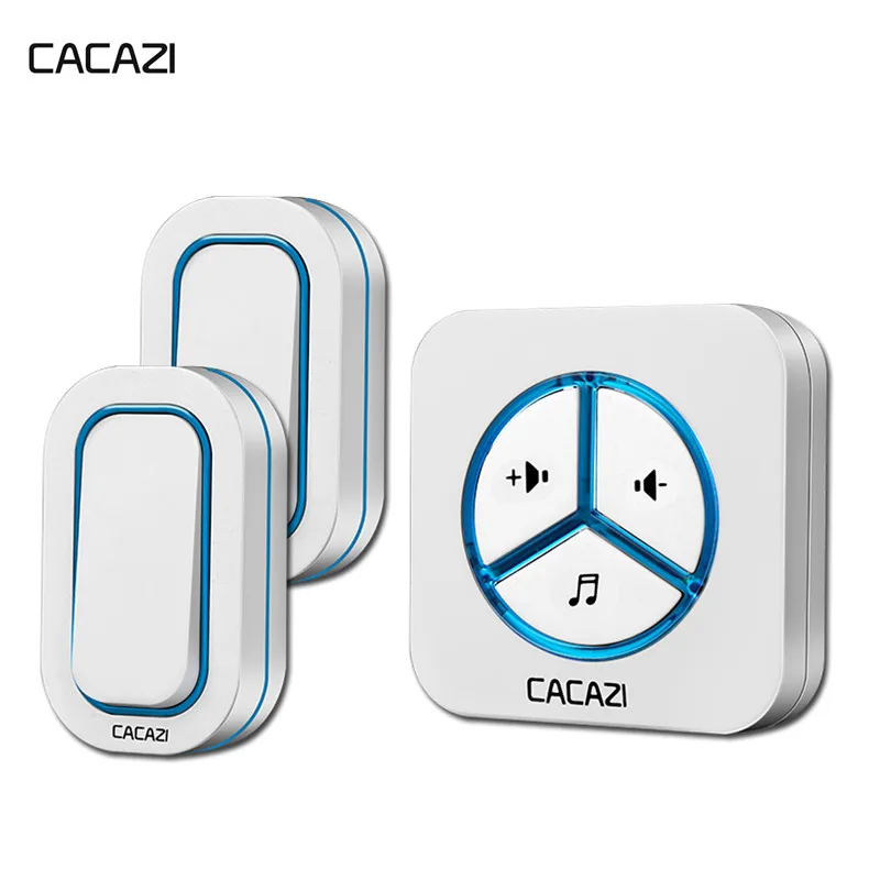 

CACAZI Waterproof Wireless Doorbell 2 Battery Button 1 Receiver LED Light US EU UK Plug Home Cordless DoorBell 48 Chimes