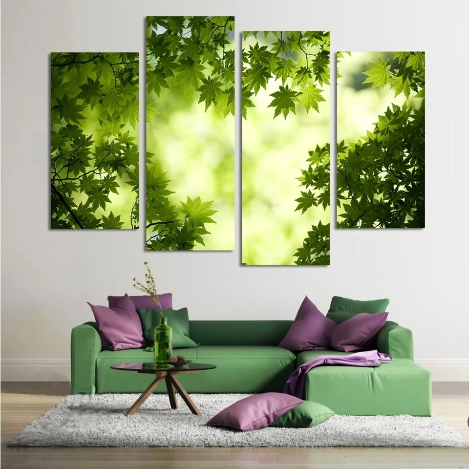 4 Panel Watercolor Tropical Plant Leaves Canvas Art Print Poster Green Plant Leaf Rural Wall
