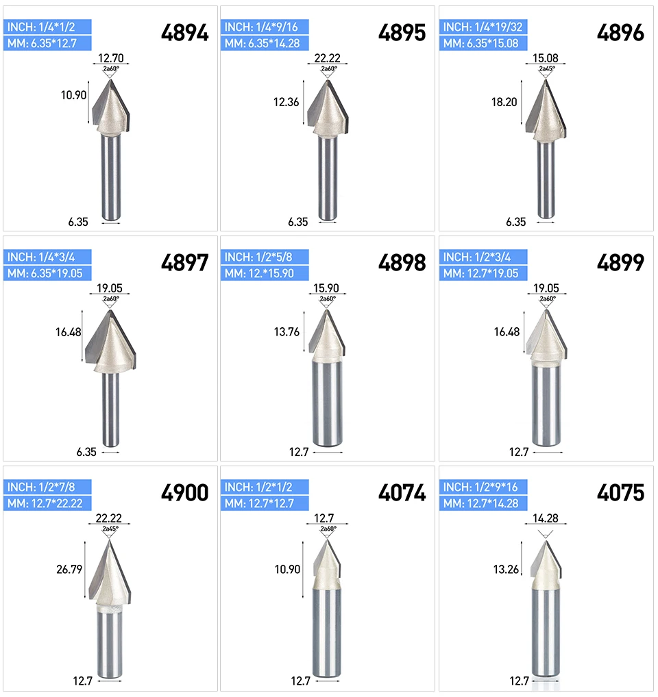 HUHAO 1pcs 1/2" 1/4" Shank 60 Deg V Type slotting cutter Tungsten Router Bits for wood Woodworking Carving Tool