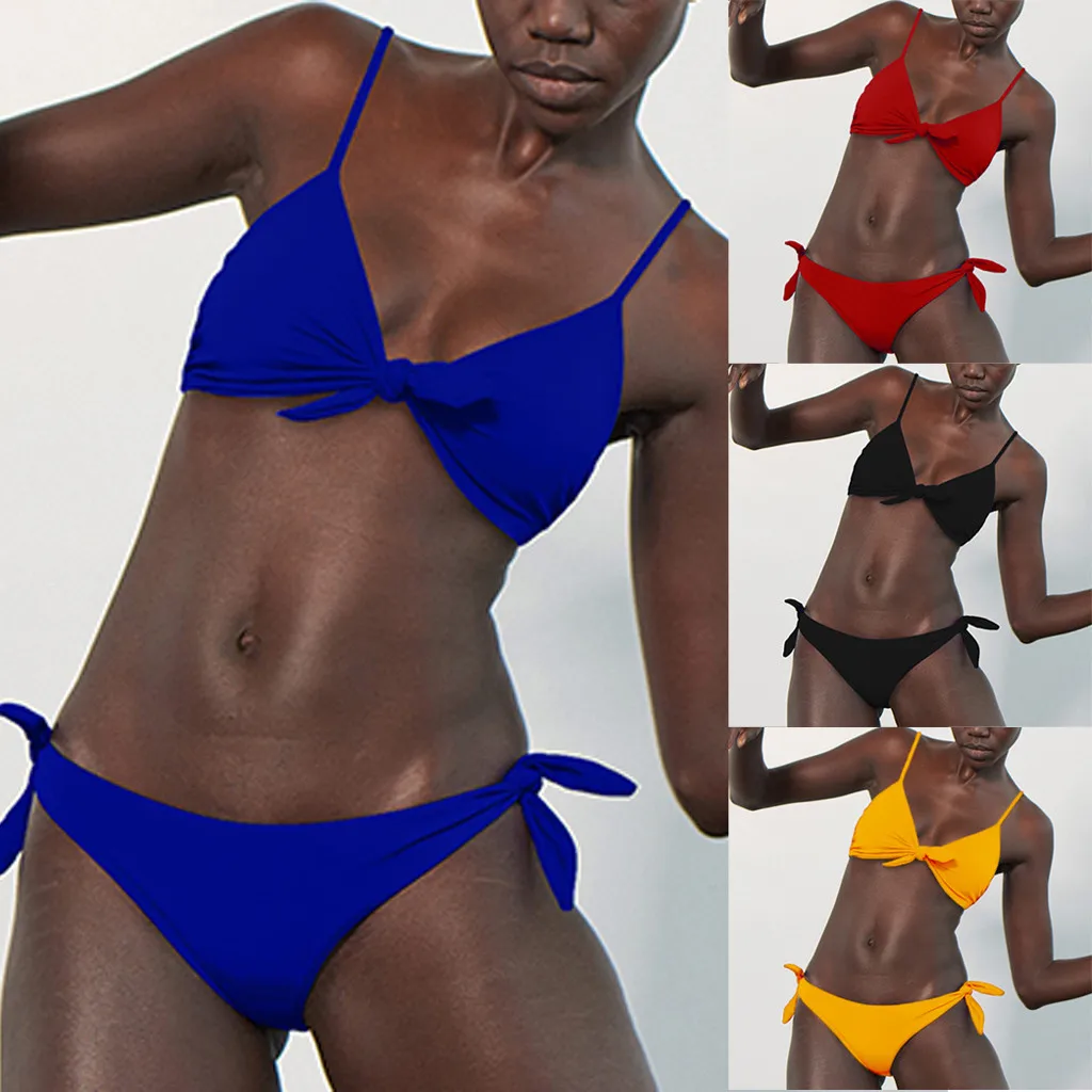 

Women Sexy Solid Color Blue Bandage Bow Brief Micro Bikini Push-Up Pad Swimwear Swimsuit Beachwear Set Summer Beach Bathing Suit