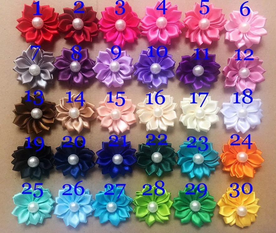 120pc/30 colors With Pearl Center Mini Satin Flowers Satin Rosettes Headband,Ribbon Multilayer Flowers 1.5