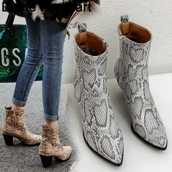 

Snake Print Pu thick High Heels Ankle Boots Women zipper Pointed Toe Foot wear Female short Boots Botas Mujer 2019 botines 33 41