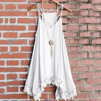 

Summer Sleeveless Irregular Strap Dress Solid Color Boho Beach Sundress Sexy Spaghetti Strap Hollow Out Hem Lace Dress