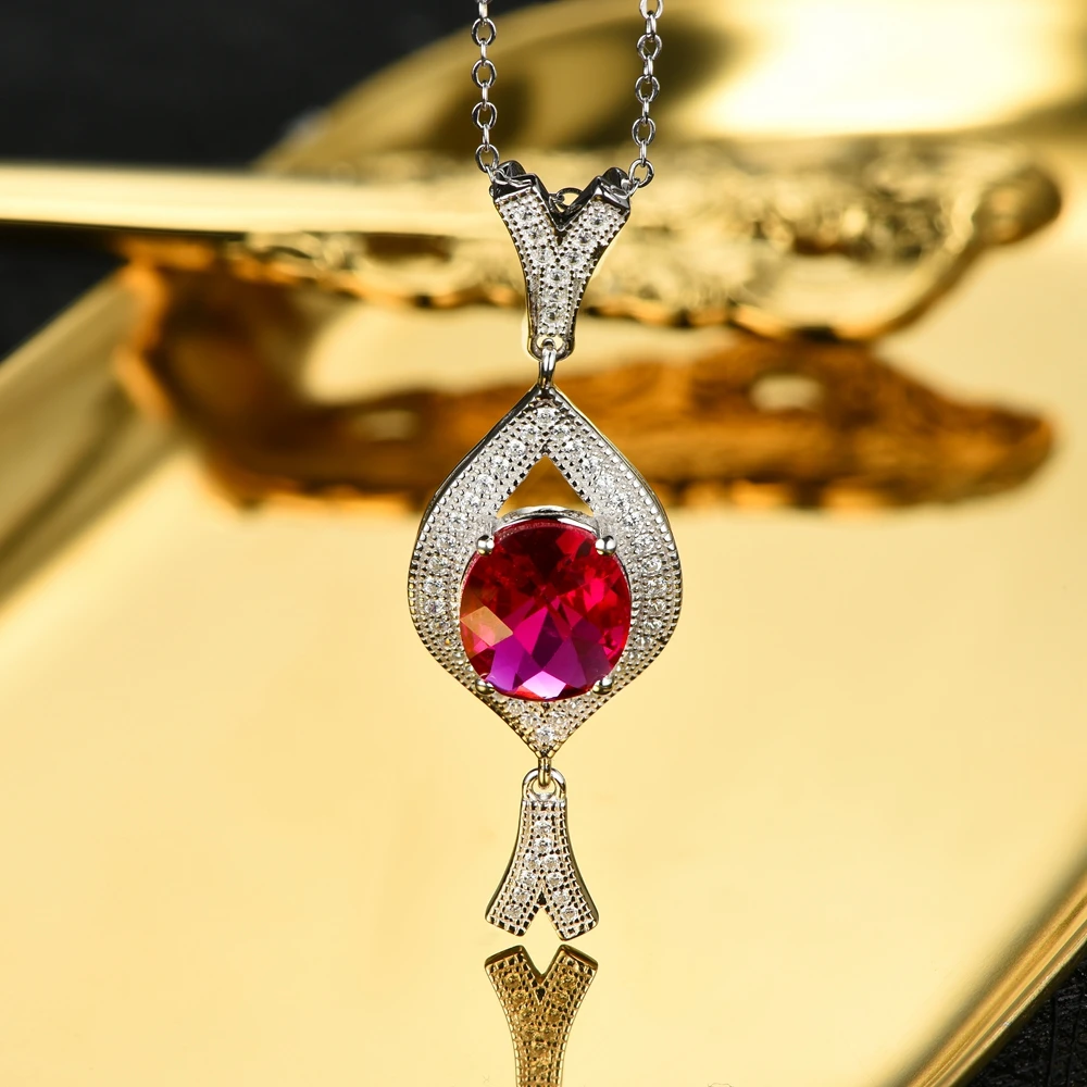 L& zuan S925 стерлингового серебра Цепочки и ожерелья с 5.26ct Красный Камень Роскошный кулон ювелирные украшения для Для женщин Рождественский подарок