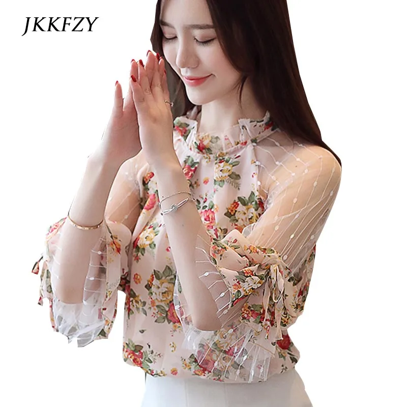 Women Sweet Sexy Shirts Summer New Lace Mesh Patchwork Chiffon Blouse Off Shoulder Bishop Sleeve Top Ladies Office Blouse Women Sweet Sexy Shirts Summer New Lace Mesh Patchwork Chiffon Blouse Off Shoulder Bishop Sleeve Top Ladies Office Blouse