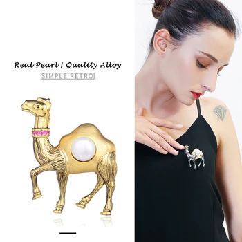 

Hongye Vintage Camel Freshwater Pearl Brooches Animal Dress Collar Suit Banquet Decoration Brooch Gold Pins jewelry for Women