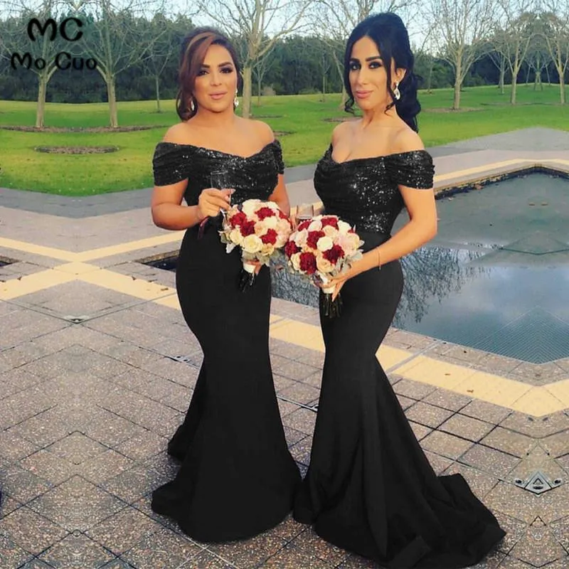 Glitter Sequin V-neck Off The Shoulder Satin Mermaid Bridesmaid Dresses5