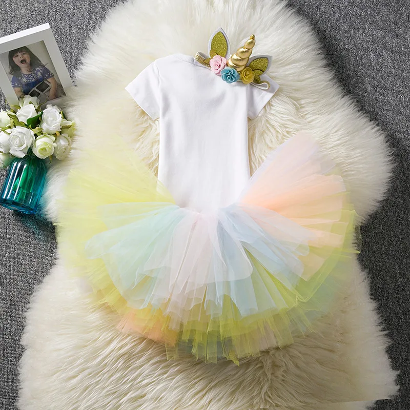 Unicorn Tutu Dress Headwear Girl Birthday Outfits Short Sleeve Dress Princess Flower Costume Christmas New Year Costume Gift