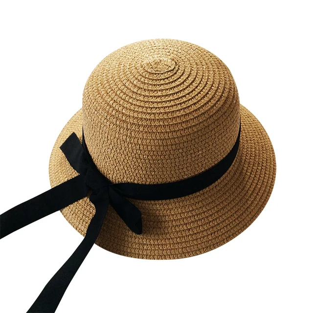 Girls Summer Cap Black Ribbon Decorate Wavy Straw Hat For Girls Children Panama Hat Kids Sun Cap Baby Beach Hats brown black ribbon