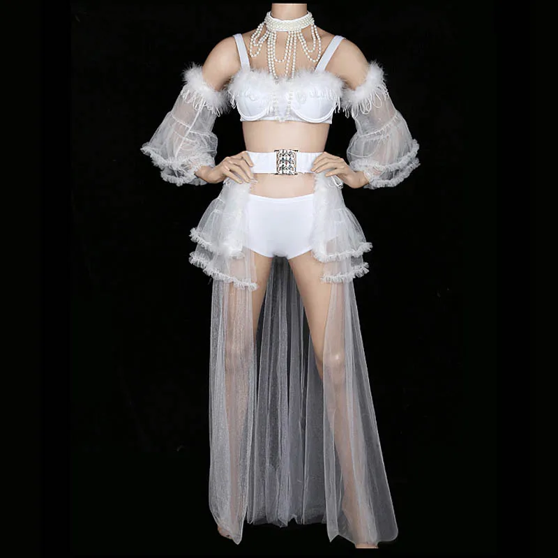 Hip Hop Jazz Sexy Feather DJ Dance Costume Singer Clothing Stage Outfit Costumes for Singers DS Performance clothes 5PCS/SET