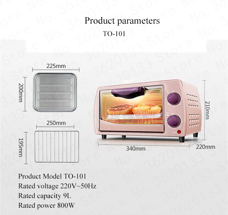 ZA14 3C Розовая/черная электрическая духовка, мини-печь с таймером, 2-слойная печь для приготовления тортов, печь с оплавлением 800 Вт с 2 нагревательными трубками из нержавеющей стали 9л