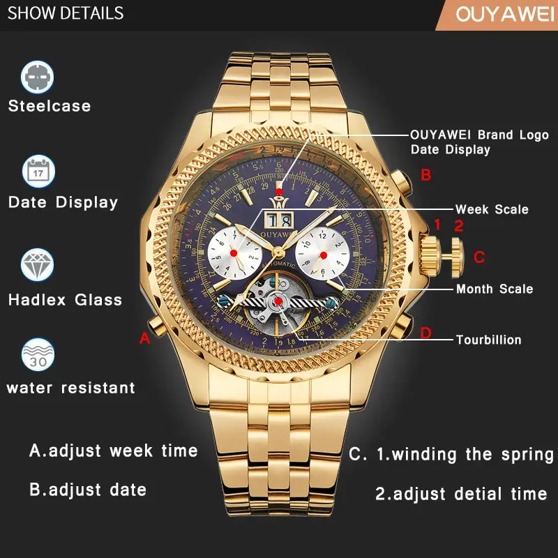 OUYAWEI, мужские деловые часы, люксовый бренд, деловые автоматические полые турбийон, мужские часы с датой, наручные часы, Relogio Masculino