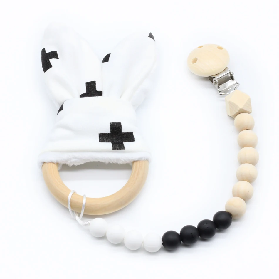 

Baby Teether Pacifier Holder 1pcs Sensory Chewing Toy Baby Nursing Bunny Ear Wooden Ring Silicone Teething
