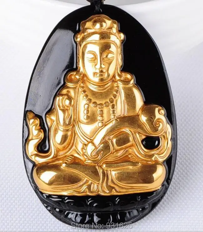 

Beautiful Chinese Natural Black Obsidian Carved 18 Gold RuYi GuanYin Lucky Amulet Pendant +free Necklace fashion Jewelry