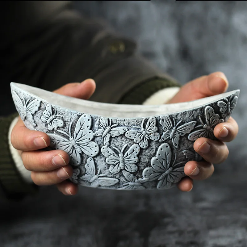 Concrete Molds Silicone Moon Shaped with Butterfly Embossed Cement Planter Mould DIY Flower Pot Tool