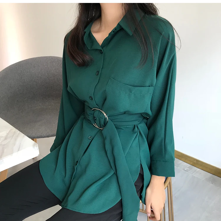 Женские кружевные блузки с поясом, белые офисные женские элегантные рубашки с отложным воротником и пуговицами, Летняя женская одежда, топы - Цвет: Dark Green