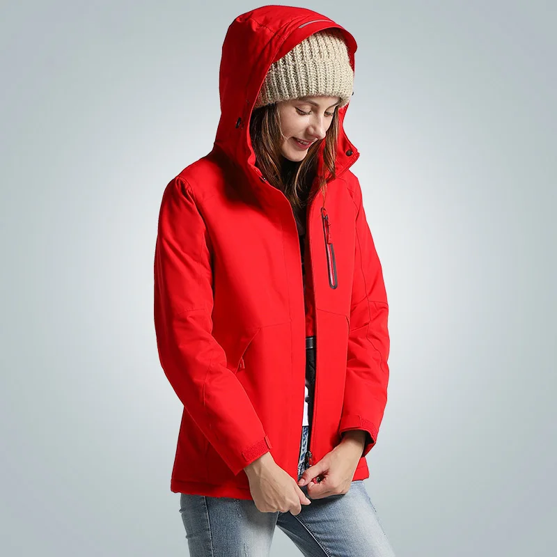 Мужская и женская зимняя куртка с USB подогревом, Мужская водонепроницаемая Светоотражающая куртка с капюшоном, Мужская теплая парка, хлопковая ветровка, мужская куртка JK138 - Цвет: Women Red