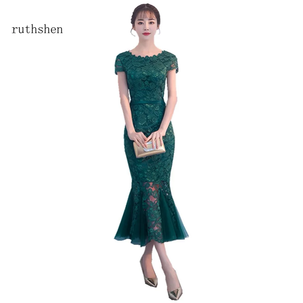 Ruthshen Чай Длина элегантные вечерние платья 2020 Robes De Soiree Короткие рукава Русалка