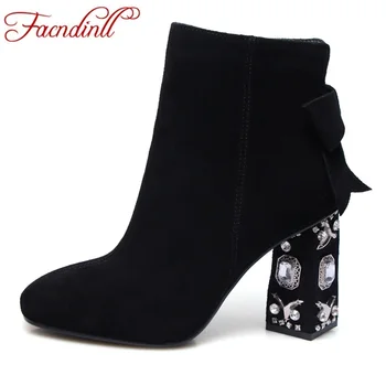 

FACNDINLL 2018 women ankle boots suede leather shoes rhinestones square toe zipper dress shoes fashion high heels boots size 43