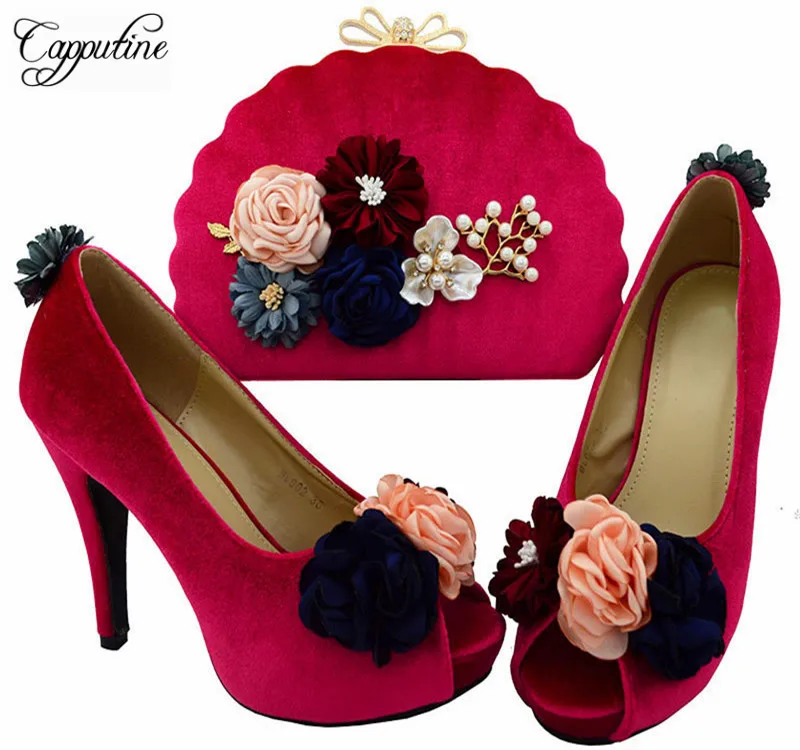 

Capputine African Style Flowers Fuchsia Shoes And Bags Set Italy Woman High Heels Shoes And Bag Set For Wedding Dress BL0025
