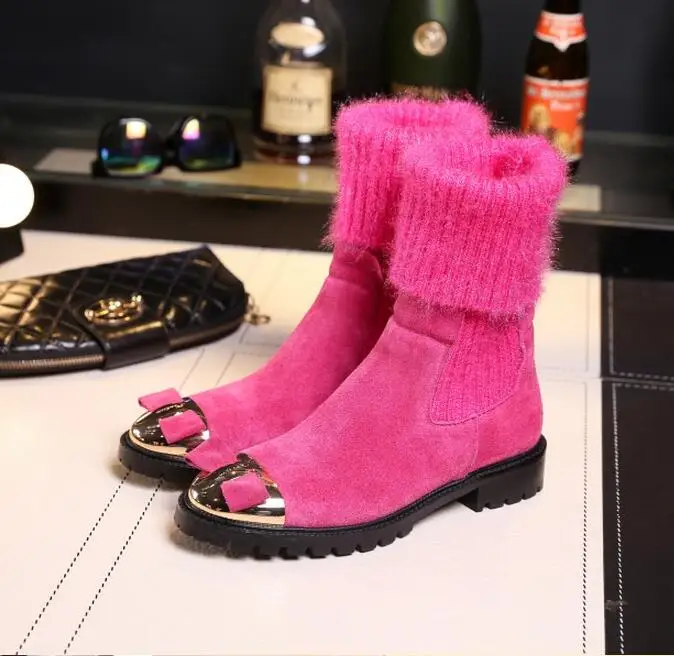 

2019 Autumn/Winter Butterfly-knot Elastic Knitting Women Mid-calf Boots Metal Toe Slip-on Short Plush Lining Boots Women