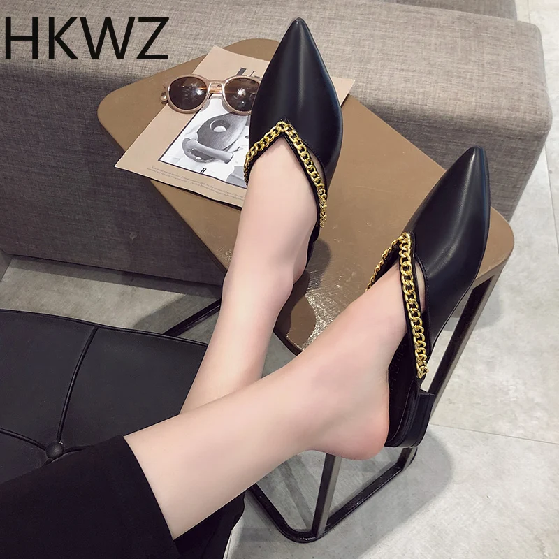 

2019 spring brand new pointed half slippers female with wild outside wearing chain shoes retro fashion casual comfortable shoes