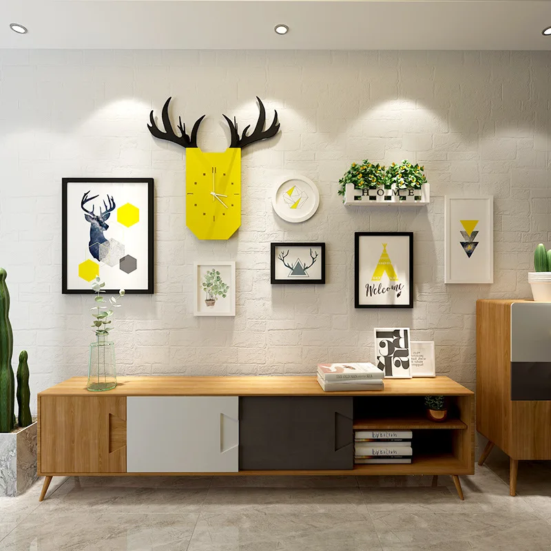 

Wood Picture Frame Wall Clock Vase Shelf Decor 8 Pcs / Set Home Decoration Accessories Hanging Photo Frames with HD Pictures