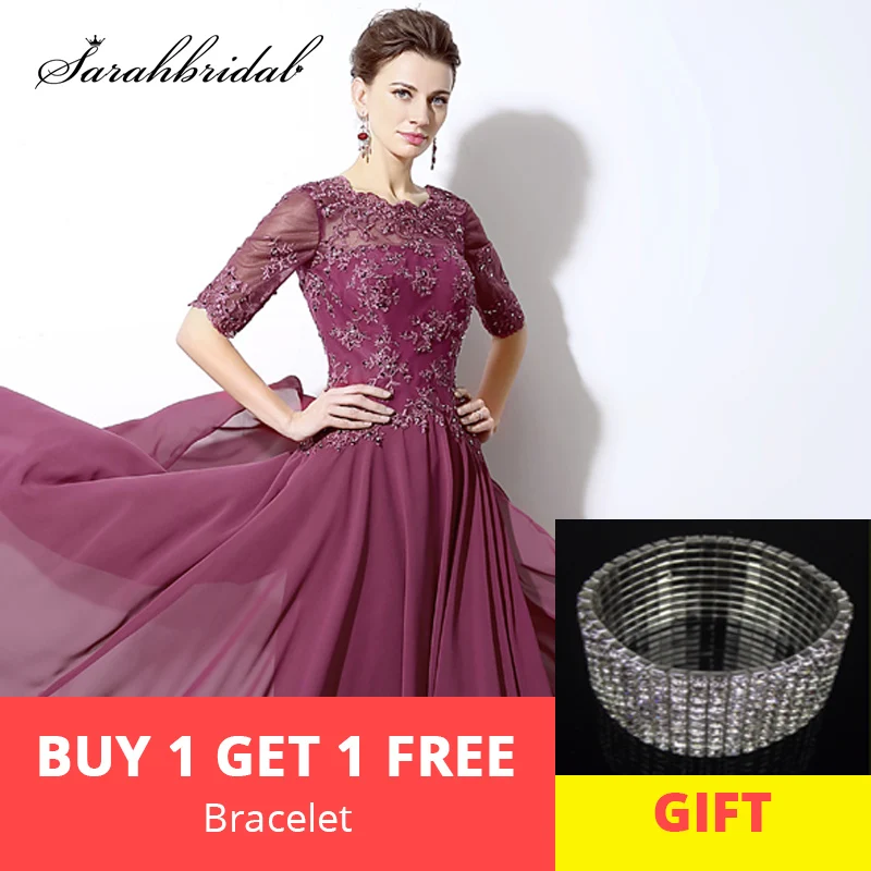 Lente EEN Lijn Chiffon Moeder van de Bruid Jurken met Half Mouw Back Lace O Hals Kralen Lange Wedding Party jassen Hot SD321 Lente EEN Lijn Chiffon Moeder van de Bruid Jurken met Half Mouw Back Lace O Hals Kralen Lange Wedding Party jassen Hot SD321